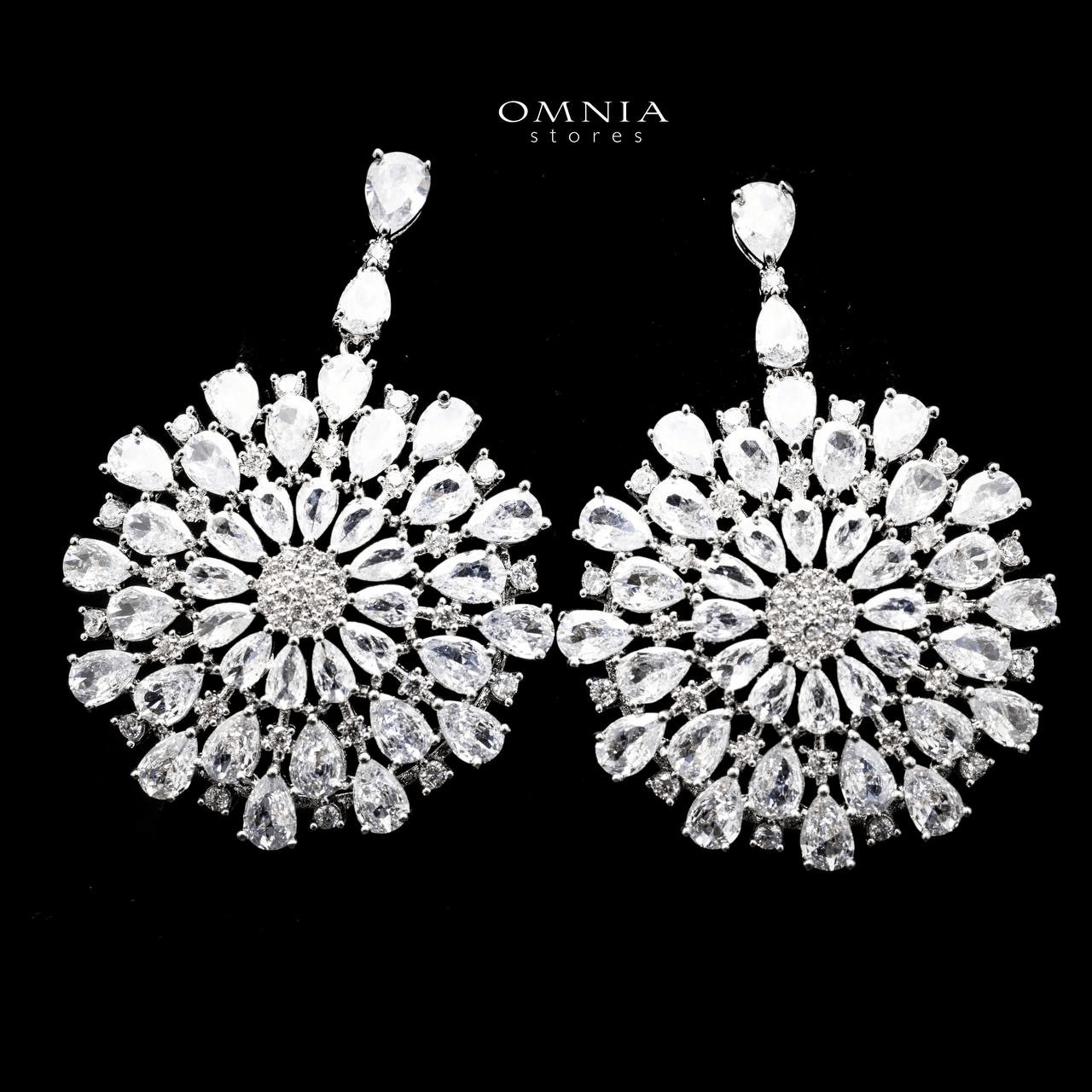 Omnia Inah Sunburst Chandelier Earrings with Pure White Zircon Stone in High Quality Rhodium Plated - OMNIASTORES UAE