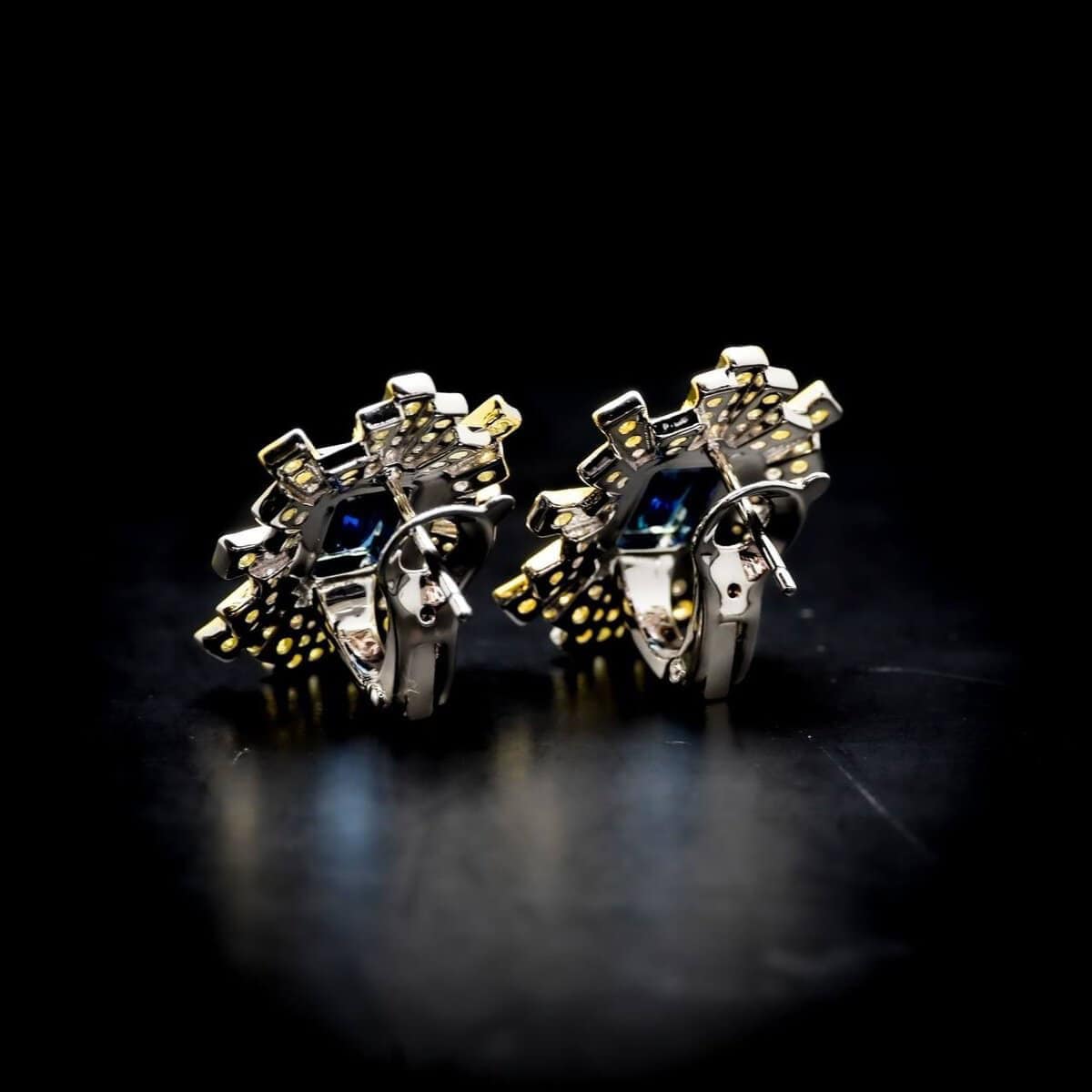 Omnia Nadine Royal Blue Emerald Cut Sunburst Earrings in 92.5 Silver with High-Quality Simulated Diamonds - OMNIASTORES UAE