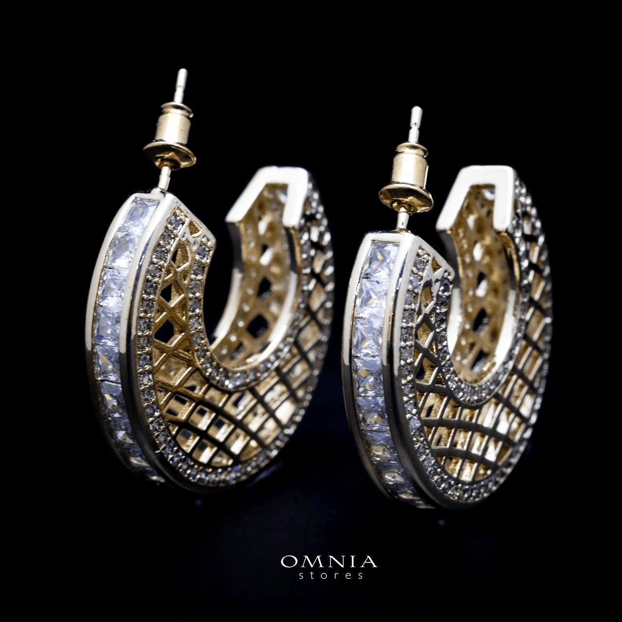Omnia Joud Golden Earrings in High Quality Zircon Stone Rhodium Plated - OMNIASTORES UAE