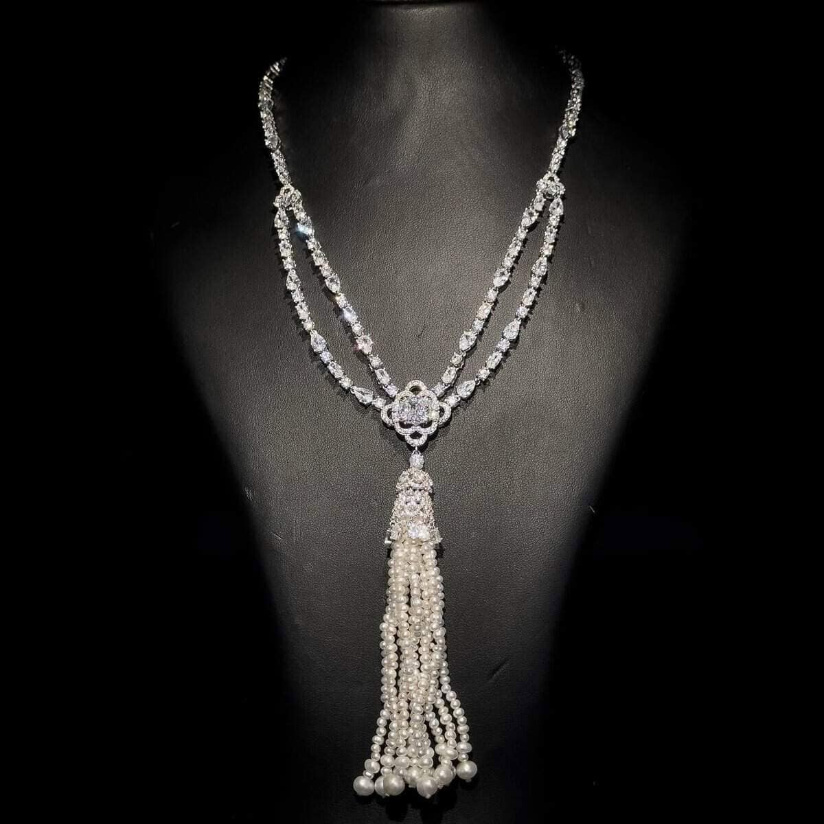 Omnia Mariella Pearl Tassel Necklace and Earring Set in High-Quality Simulated Diamonds with Classic Ivory Details - OMNIASTORES UAE