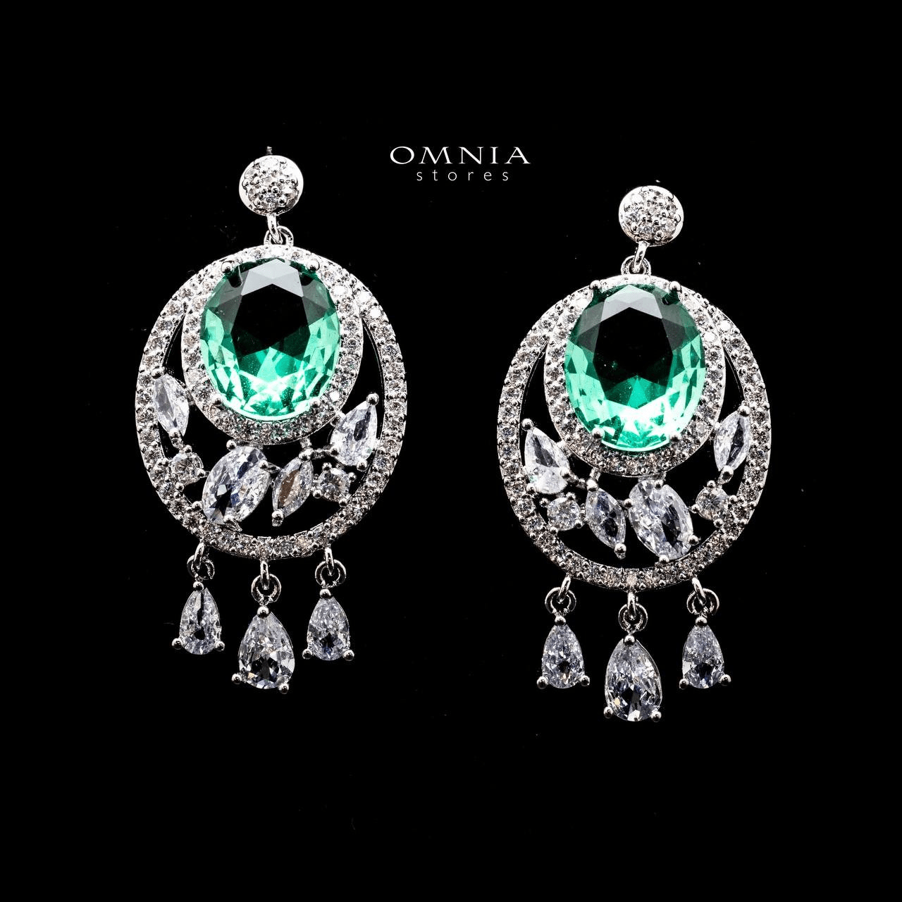 Omnia Rola Emerald Drop Earrings with White Zircon Accents in High Quality Rhodium Plated - OMNIASTORES UAE