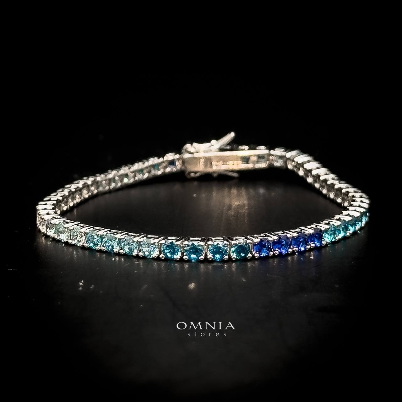 Omnia Tasneem Blue 3mm Tennis Bracelet in 92.5 Silver High Quality Simulated diamonds
