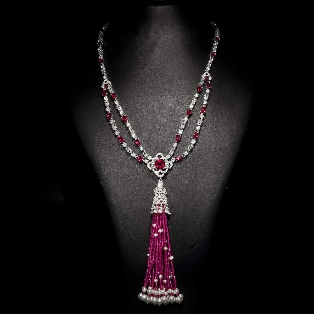 Omnia Mariella Ruby Tassel Necklace and Earring Set in High-Quality Simulated Diamonds with Pearl Accents - OMNIASTORES UAE