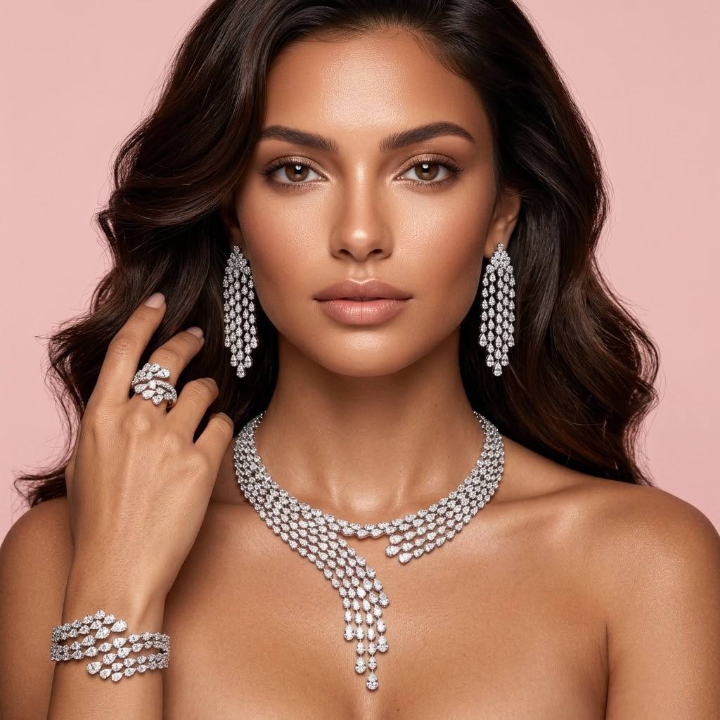 Omnia Beretta Luxury White Bridal Full Set in High Quality Zircon Stone Rhodium Plated