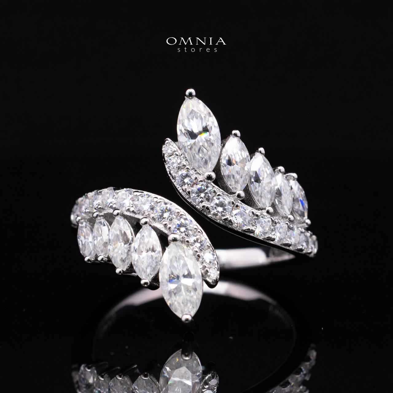 Josephine White Moissanite Marquise Leaf Cluster Double Curve Open Ring – Rhodium-Plated 925 Sterling Silver