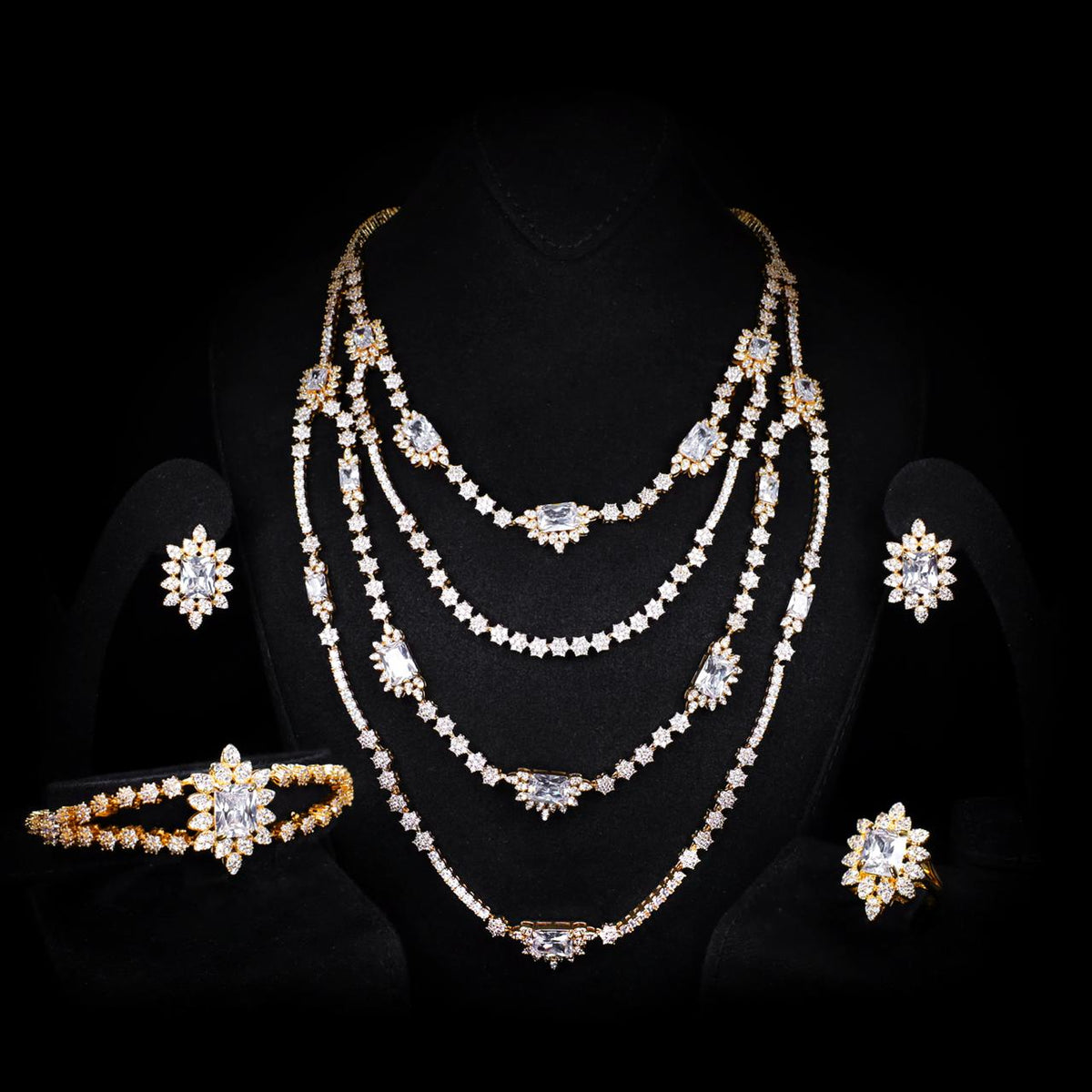 Blair Gold Bridal Full Set with Marquise and Emerald-Cut High-Quality Simulated Diamonds Premium Rhodium Plated