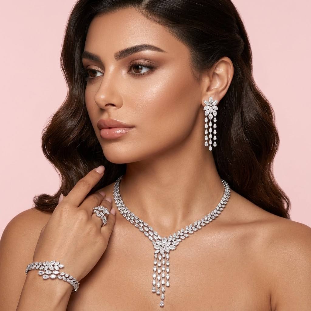 Brianna Luxury White Flower Tassel Drop Bridal Full Set with Premium Zircon Stones, Rhodium-Plated Finish