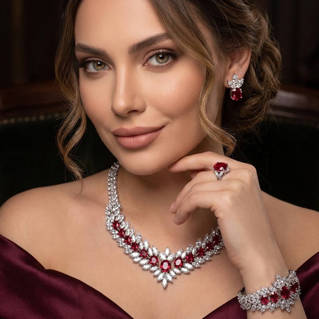 Omnia Buthaina Red Bridal Full Set High Quality Simulated Diamonds