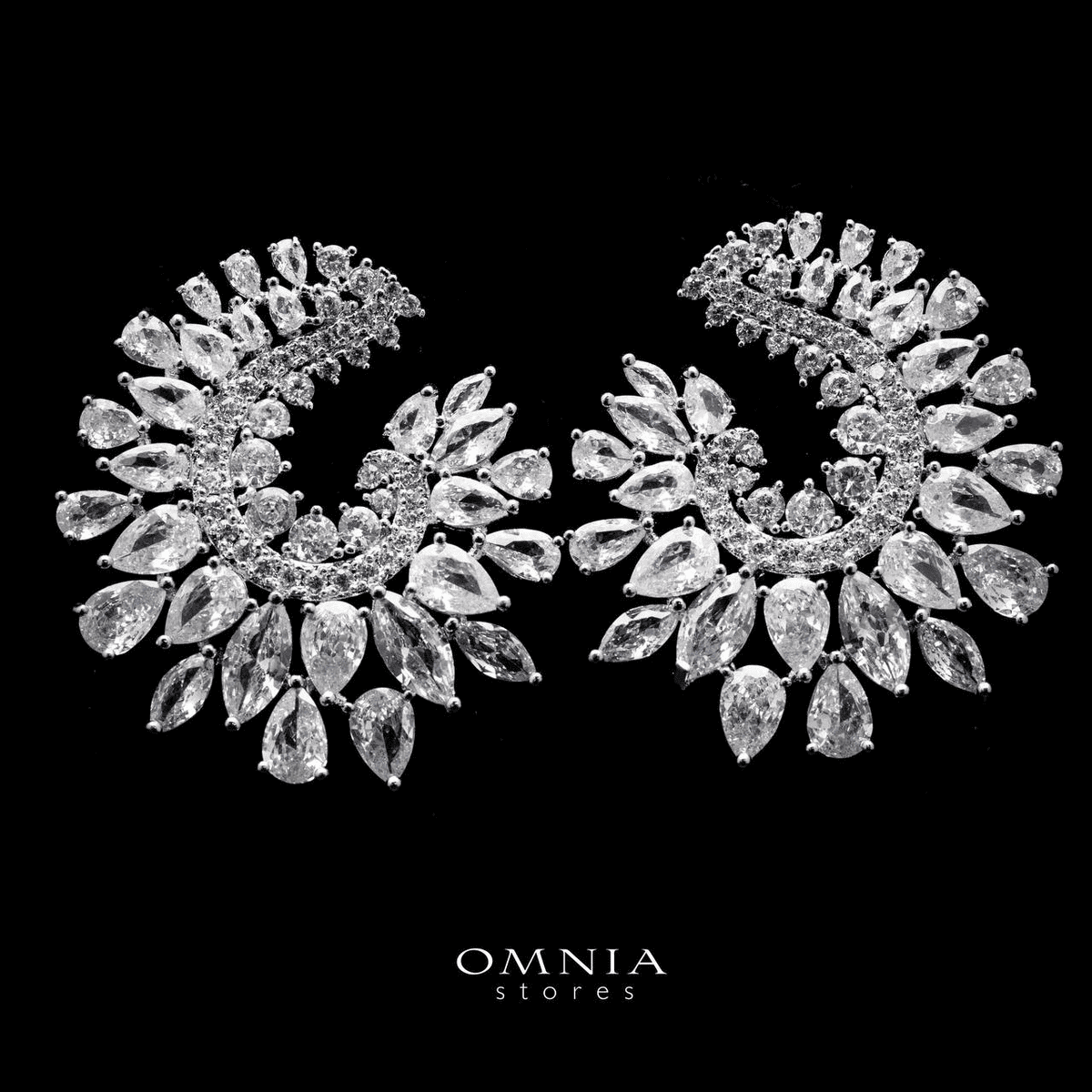 Omnia Aurora Marquise Cut Crescent Stud Earrings in High Quality Zircon Stone Rhodium Plated - OMNIASTORES UAE