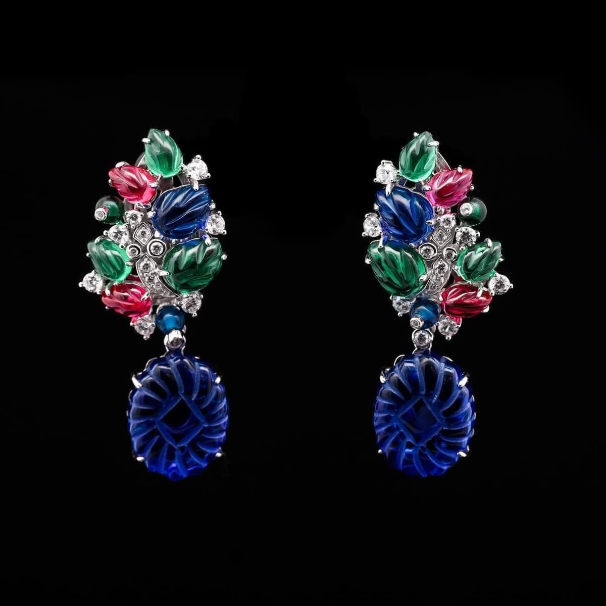 Omnia Bloom Drop Earrings with Multicolor Leaf Design and Simulated Diamonds in 92.5 Silver - OMNIASTORES UAE