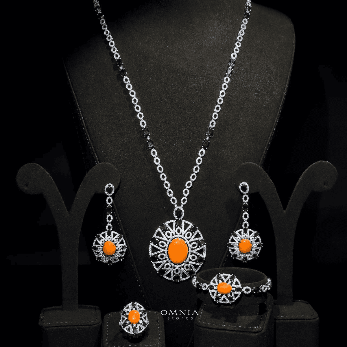 Omnia Ayala Orange & Blue Bridal Long Chain Full Set Accessories High Quality Zircon Stone In Rhodium Plated - OMNIASTORES UAE