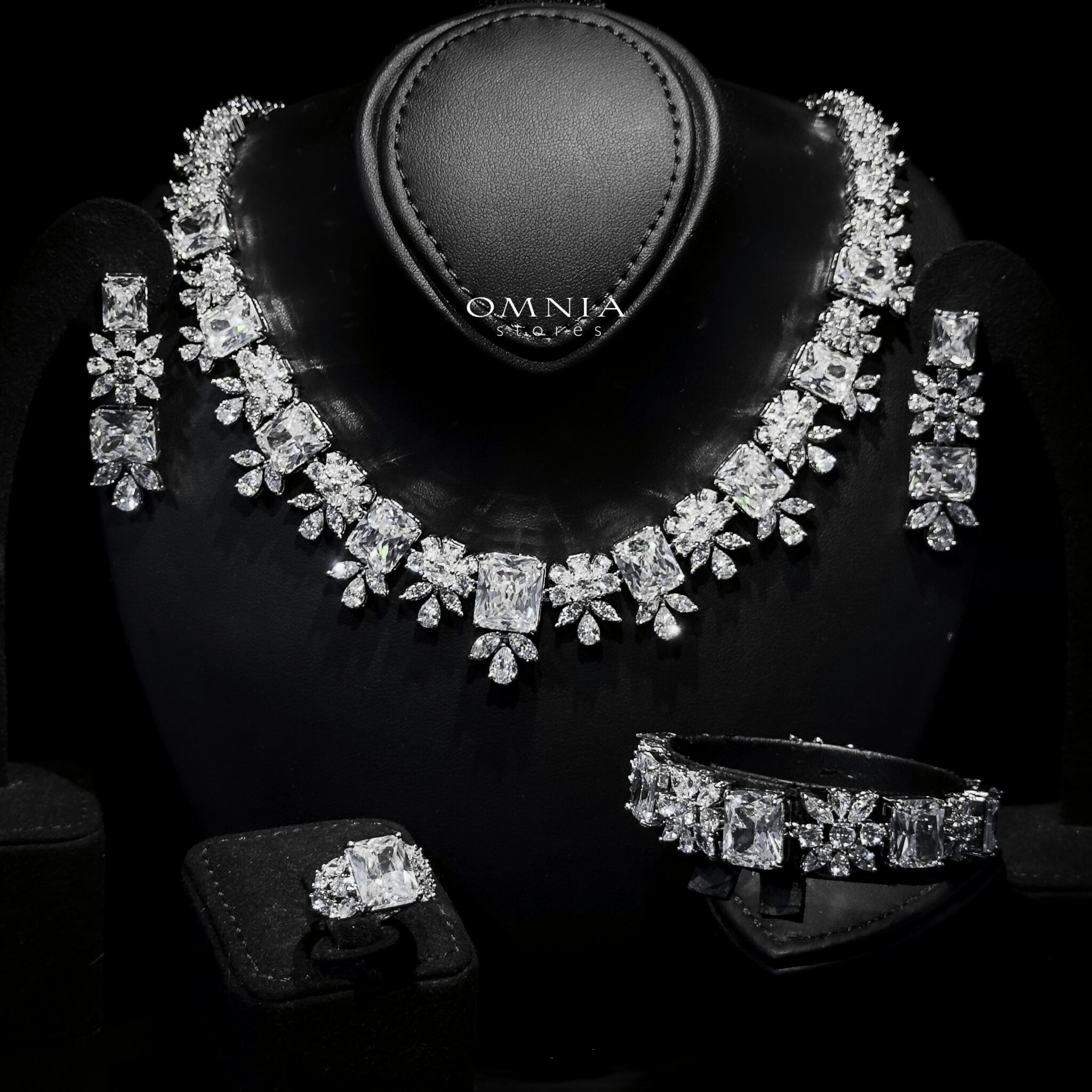 Omnia Charlotte Pure White Bridal Full Set with Emerald and Pear-Cut High-Quality Simulated Diamonds Rhodium Plated - OMNIASTORES UAE