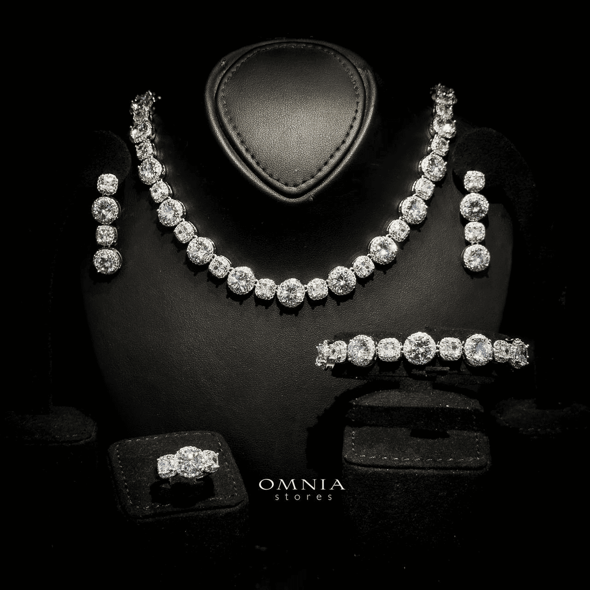Omnia Lilian White Bridal Full Set in High Quality Simulated Diamonds Rhodium Plated - OMNIASTORES UAE