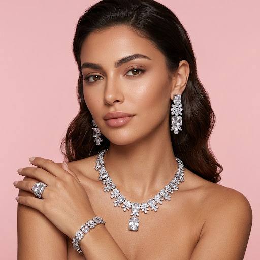 Omnia Charlene White Luxury Bridal Full Set with Radiant and Pear-Cut High-Quality Iced Cut Stones Rhodium Plated