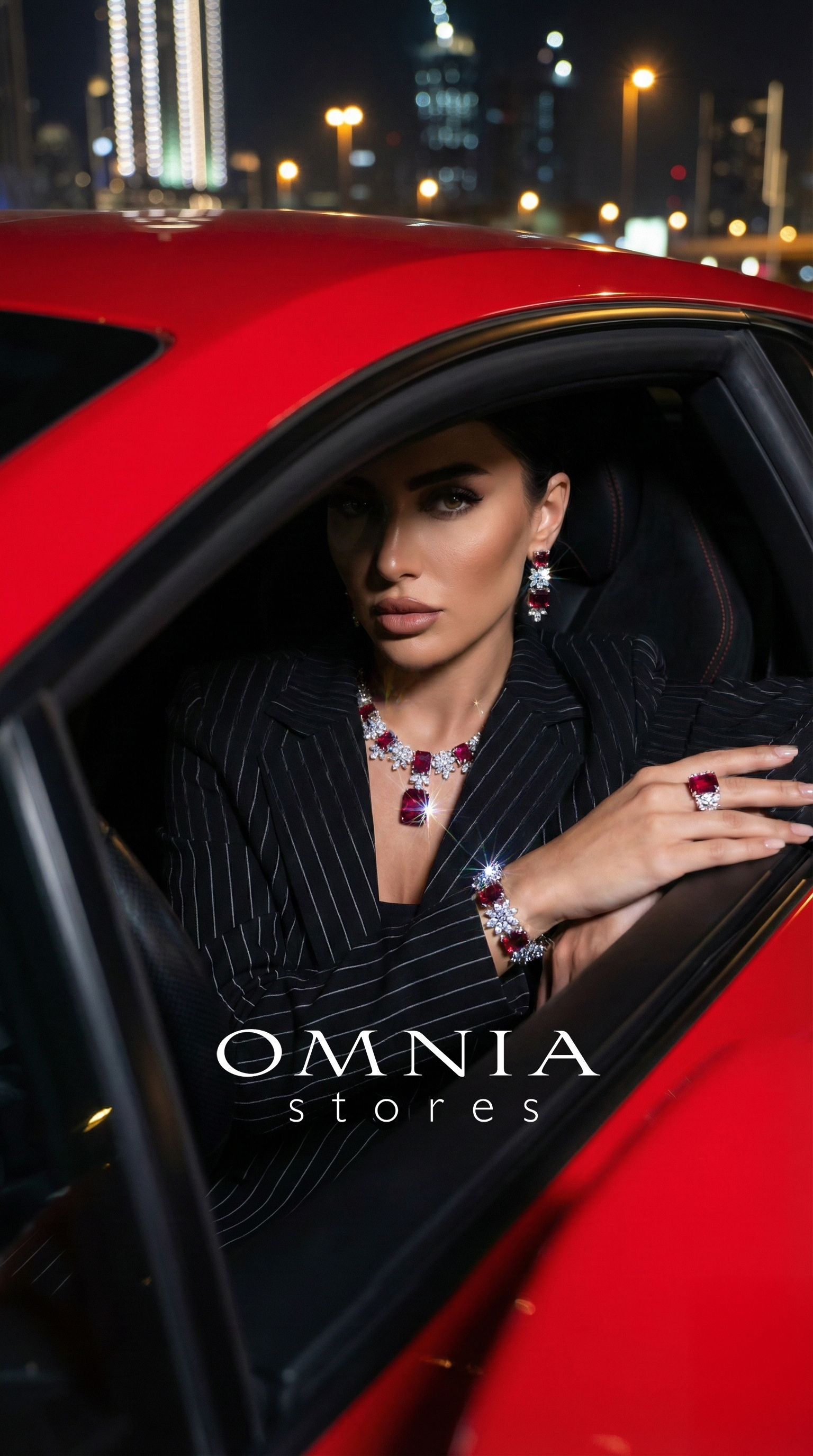 Omnia Charlene Red Bridal Full Set with Radiant and Pear-Cut High-Quality Simulated Diamonds Rhodium Plated