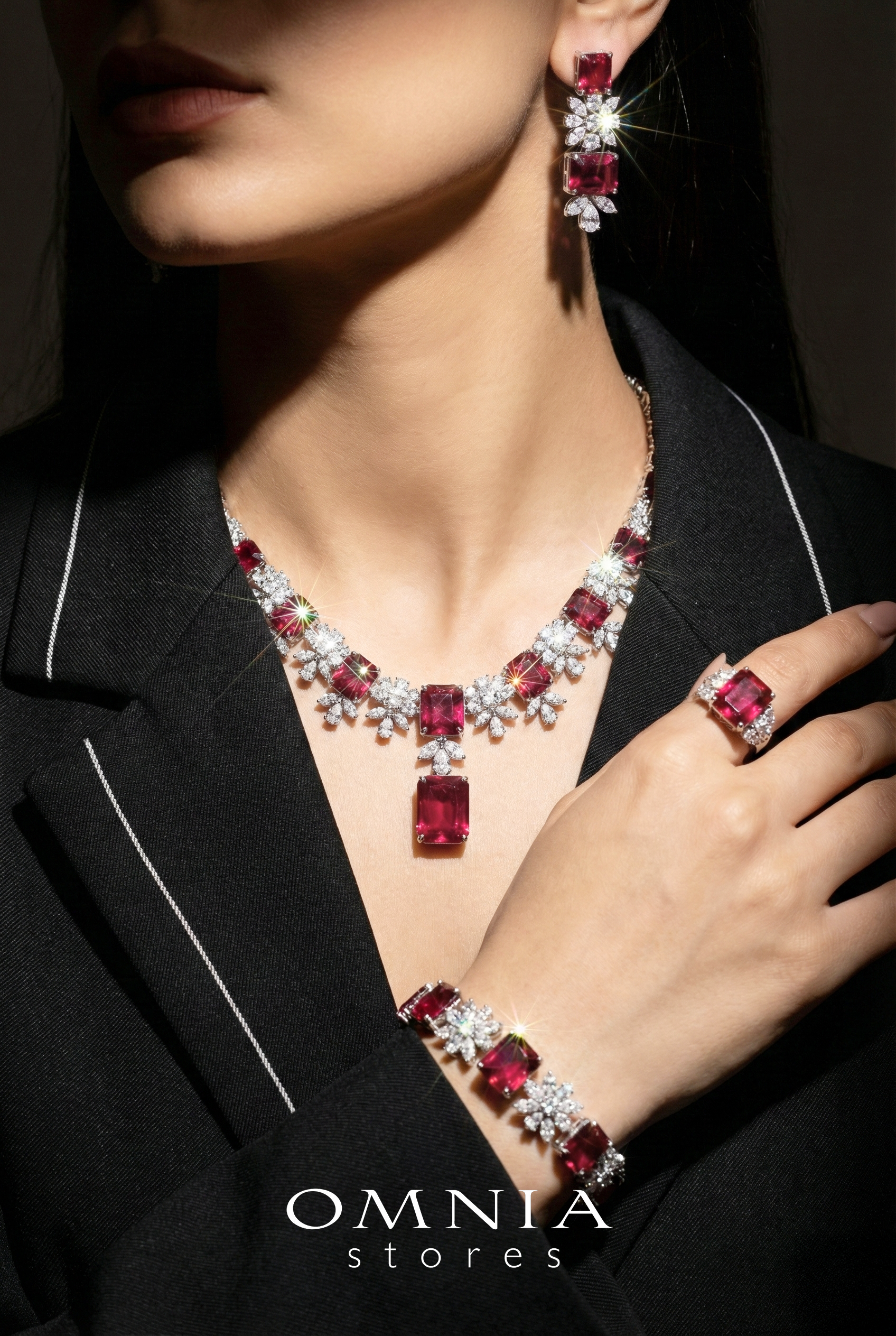 Omnia Charlene Red Bridal Full Set with Radiant and Pear-Cut High-Quality Simulated Diamonds Rhodium Plated