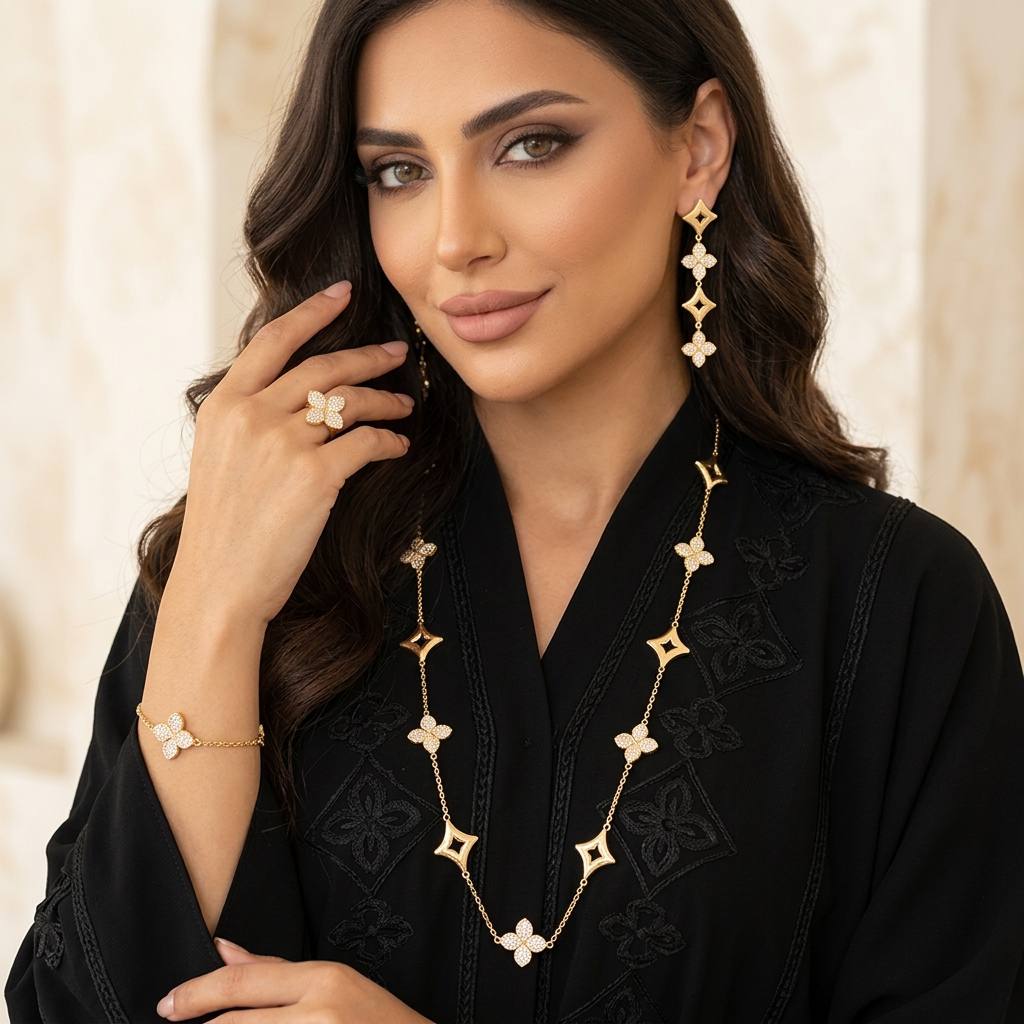 Omnia Golden Clove Long Chain Full Set with High-Quality Simulated Diamonds Gold Plated 100cm