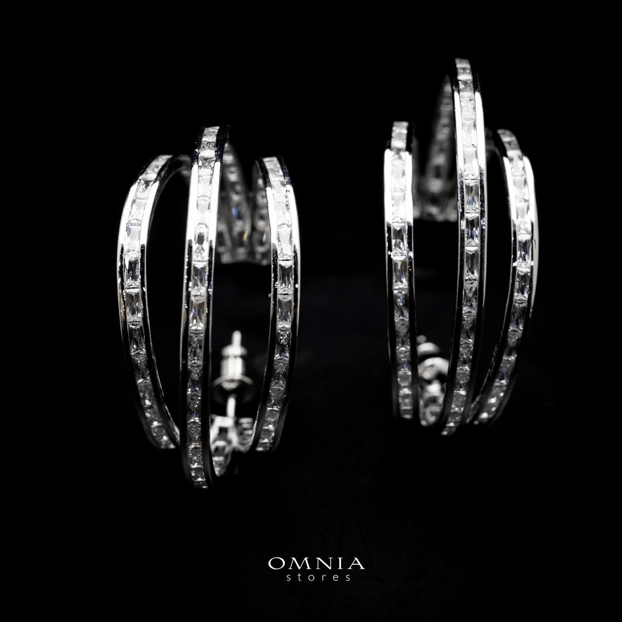 Omnia Sarah Radiant Triple Hoop Earrings in High Quality Zircon Stone Rhodium Plated - OMNIASTORES UAE