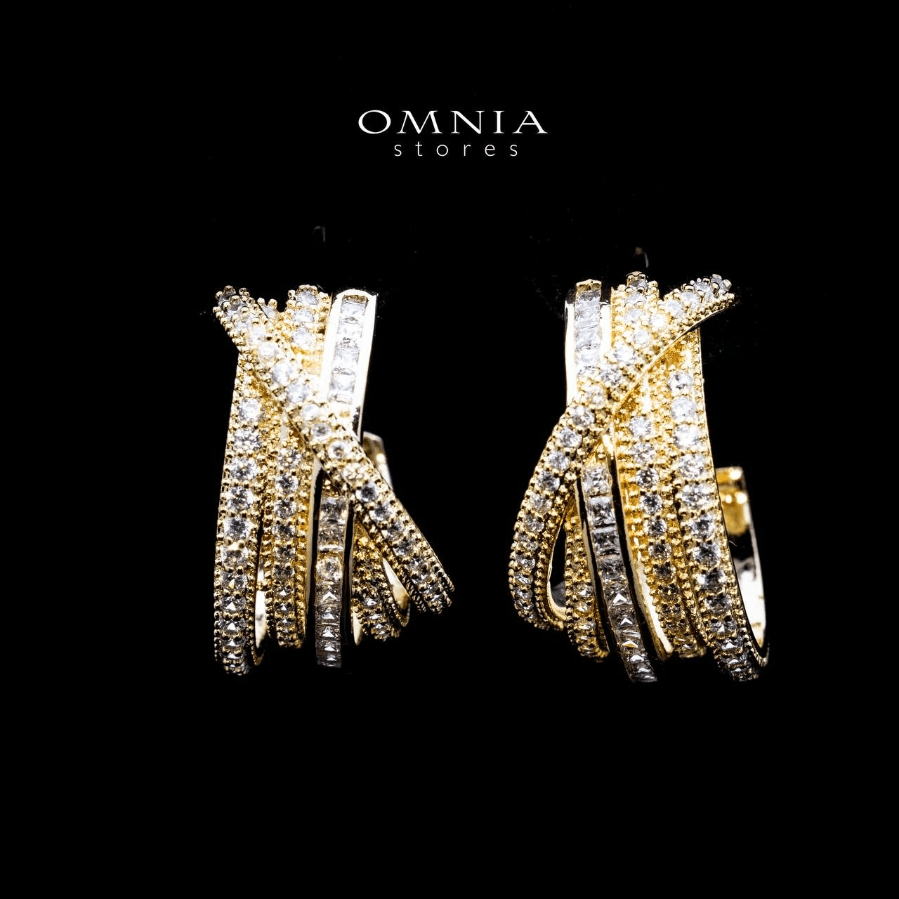 Omnia Tiffany Double Tone Wrap Hoop Earrings with White Zircon in High Quality Rhodium Plated - OMNIASTORES UAE