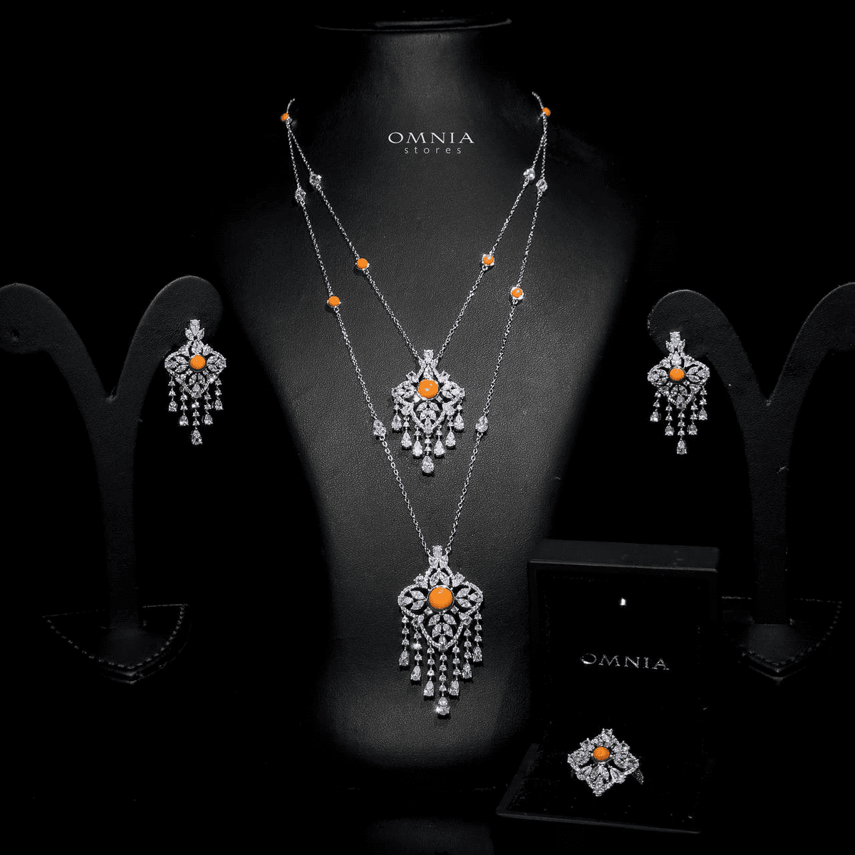 Omnia Abeer Orange Long chain Set High Quality Zircon Stone In Rhodium Plated - OMNIASTORES UAE