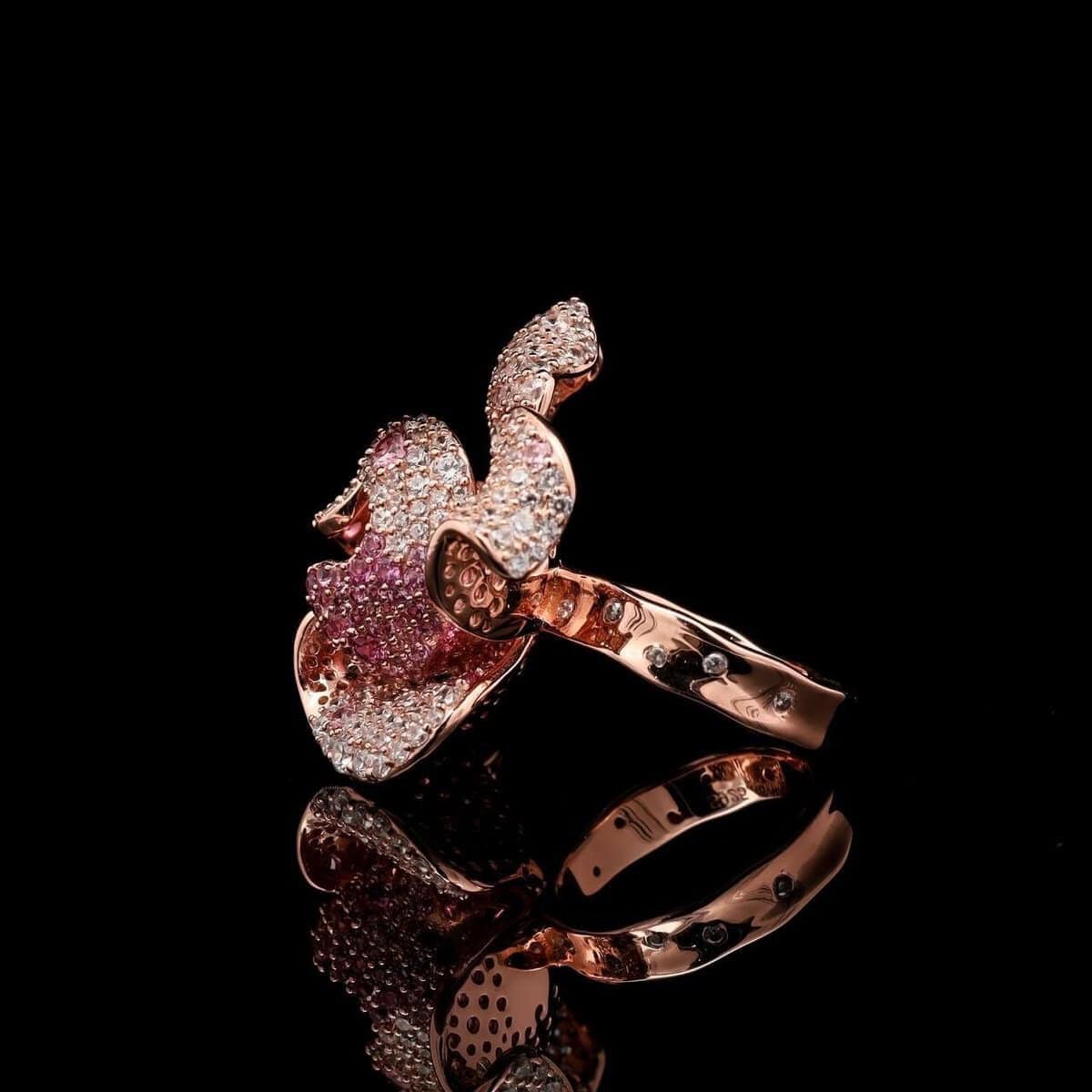Omnia Pink Orchid Ring in 92.5 Silver with High Quality Simulated Diamonds and Pink Stone Center - OMNIASTORES UAE