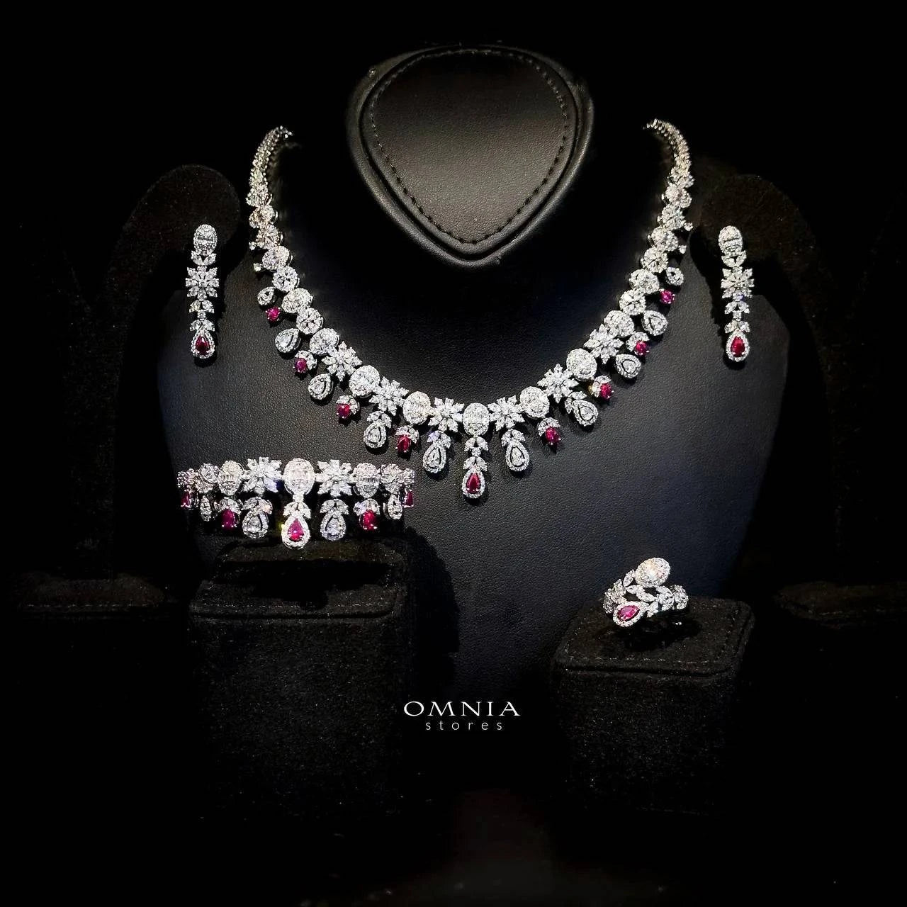 Omnia Trisha Maroon Full set Accessories in High Quality Zircon Stone in Rhodium Plated - OMNIASTORES UAE