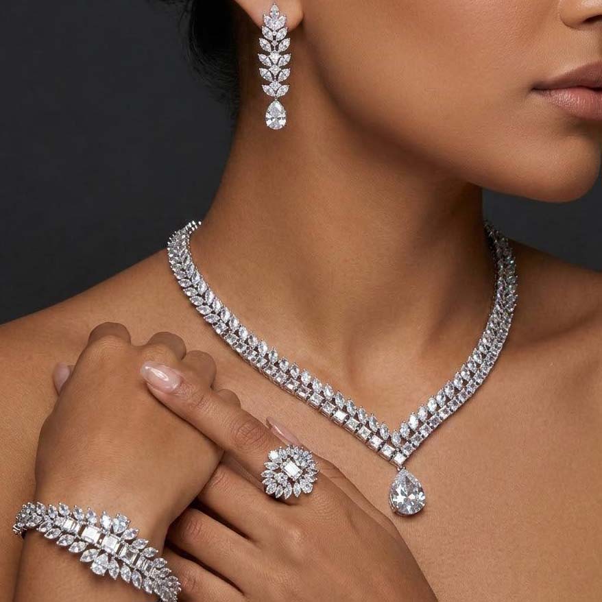 Omnia Dalal Bridal White Full Set with Teardrop Design in High Quality Zircon Stone Rhodium Plated