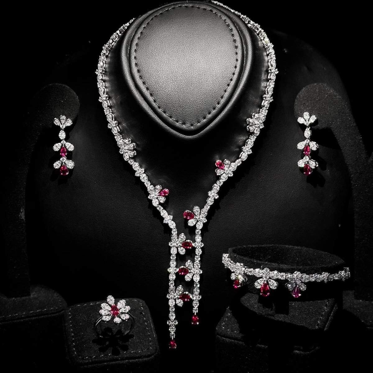 Omnia Lubna Maroon Bridal Full Set in 925 Silver with High-Quality Simulated Diamonds and Teardrop Design - OMNIASTORES UAE