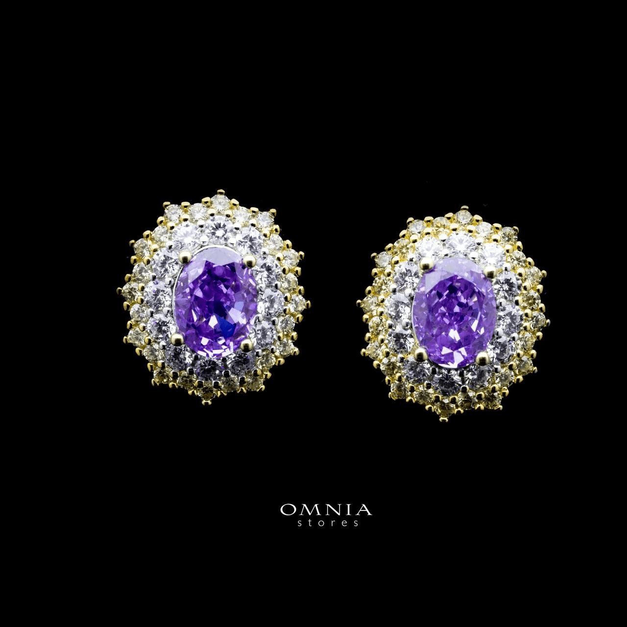 Omnia Faryal Oval Purple Stone Stud Earrings in 92.5 Silver with High Quality Simulated Diamonds - OMNIASTORES UAE