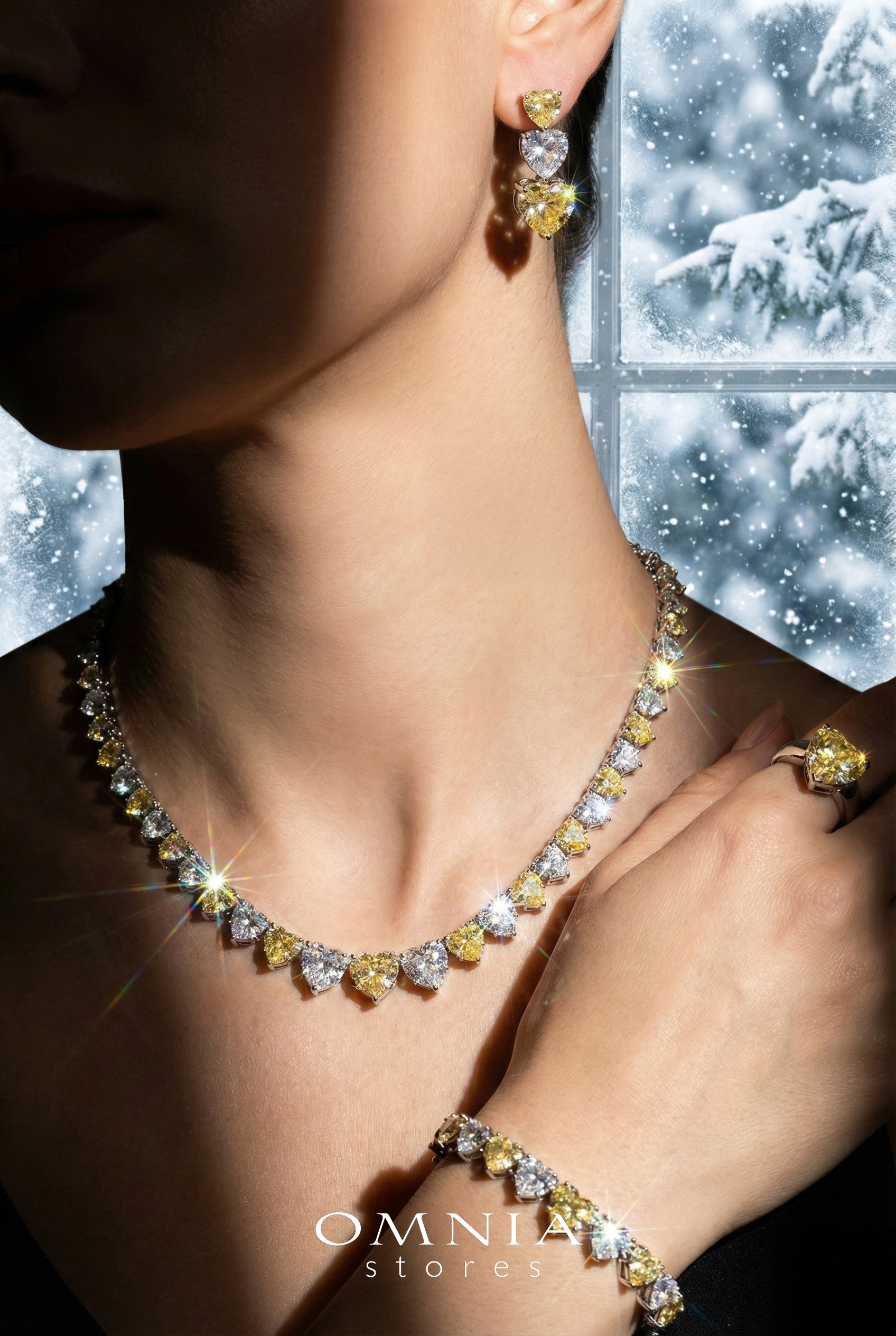 Omnia Donatella Yellow Luxury Bridal Full Set with Heart-Cut High-Quality Simulated Diamonds Rhodium Plated