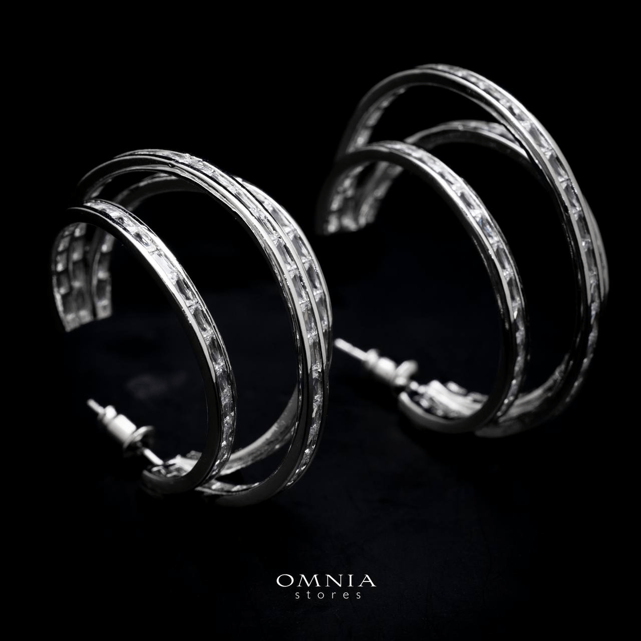 Omnia Sarah Radiant Triple Hoop Earrings in High Quality Zircon Stone Rhodium Plated - OMNIASTORES UAE
