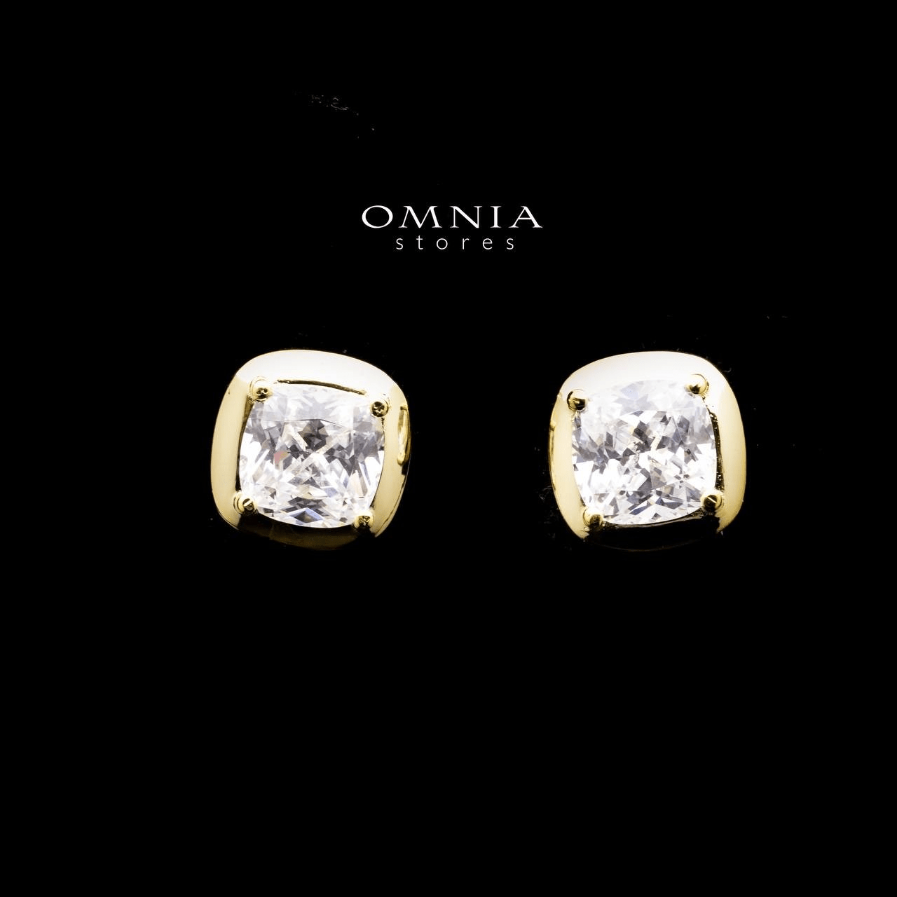 Omnia Hadeel Golden Cushion Cut Stud Earrings in 92.5 Silver with High Quality Simulated Diamonds - OMNIASTORES UAE