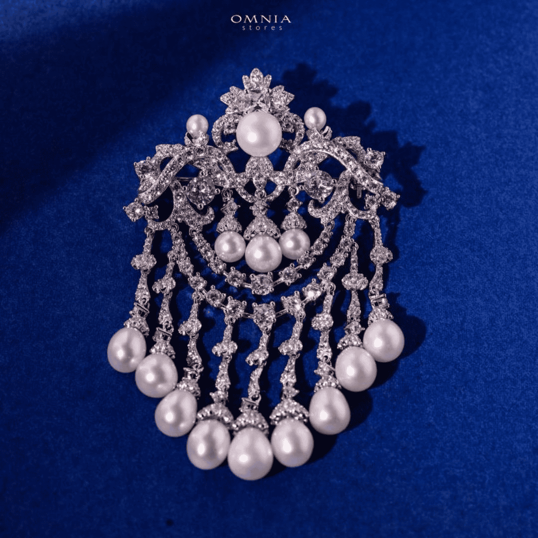 Omnia Hadhira Fresh Real Water Pearl brooch 925 Silver High Quality Simulated diamonds - OMNIASTORES UAE