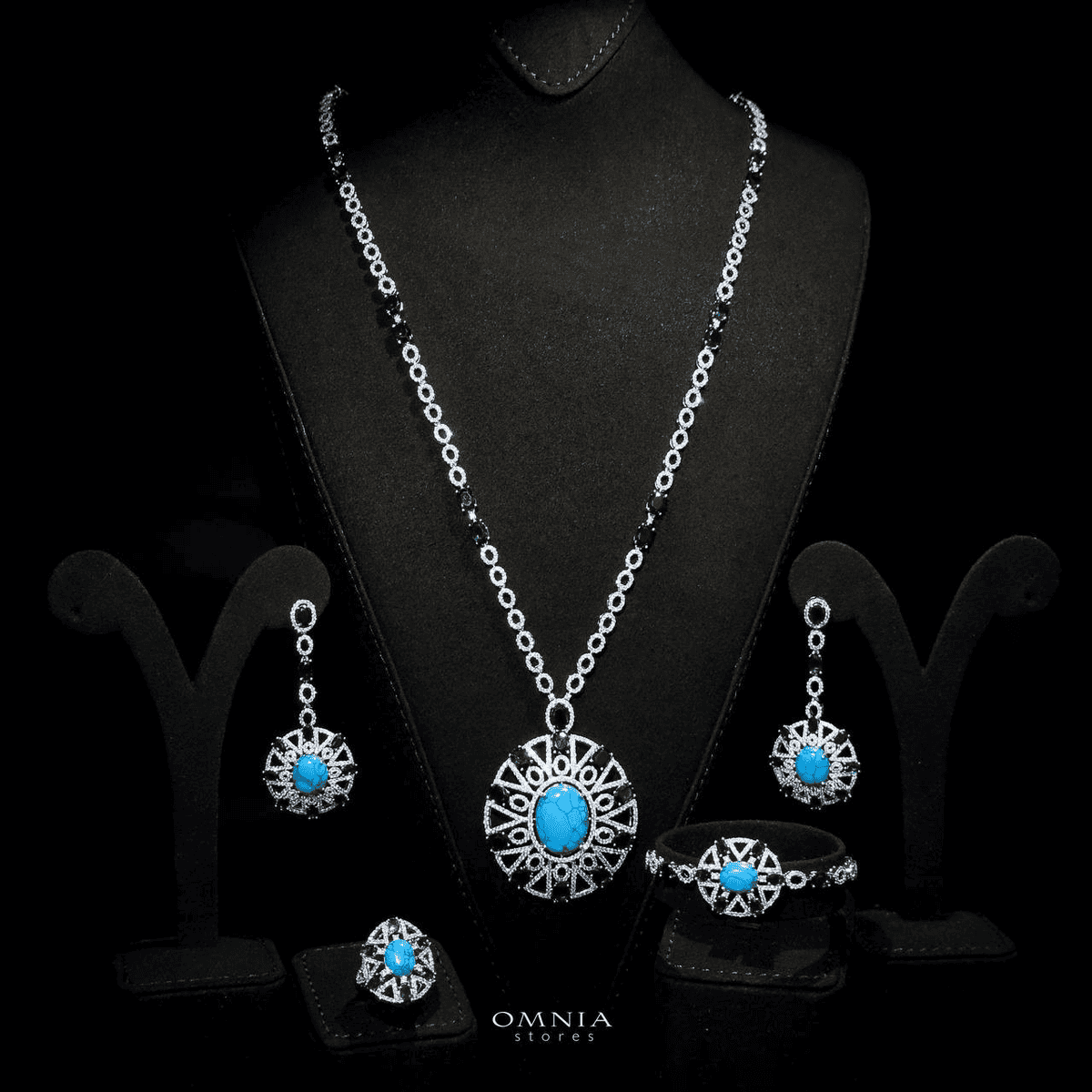 Omnia Ayala Blue Bridal Long Chain Full Set Accessories High Quality Zircon Stone In Rhodium Plated - OMNIASTORES UAE