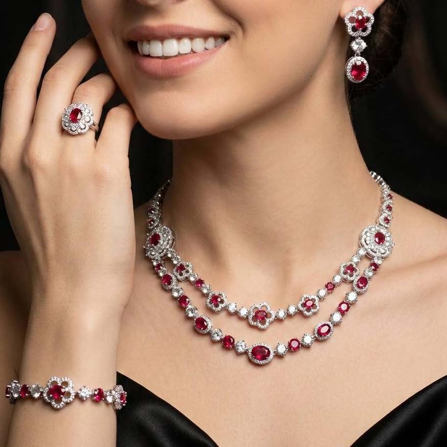 Omnia Esra Red Full Set in High Quality Zircon Stone Rhodium Plated