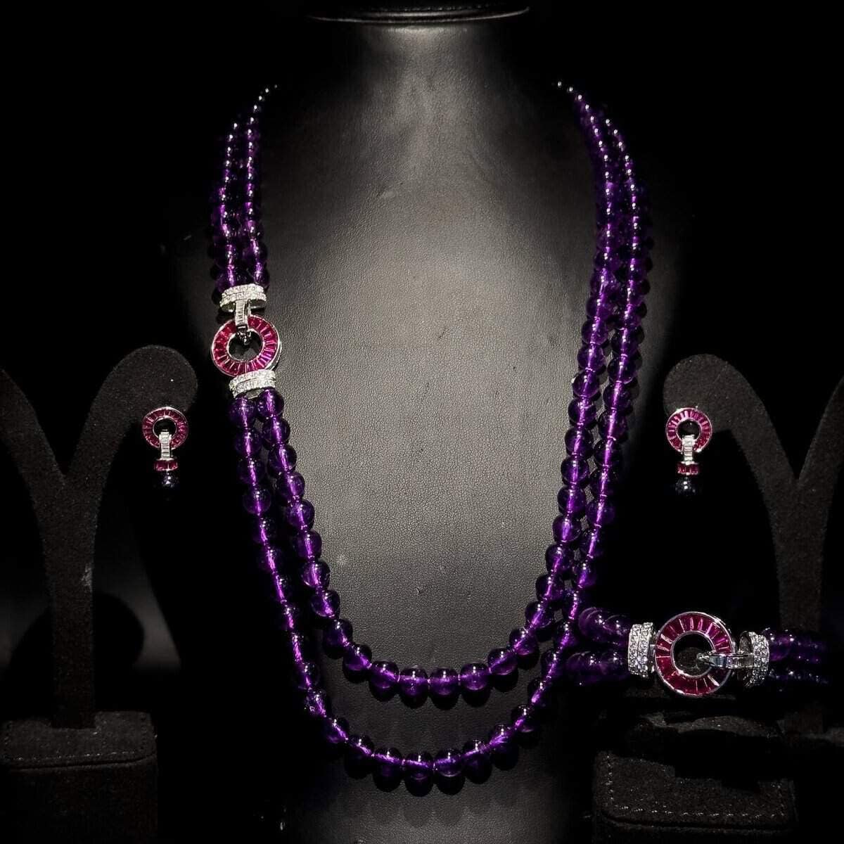Omnia Royal Purple Beaded Jewelry Set with Ruby-Red Accents and High-Quality Simulated Diamonds - OMNIASTORES UAE