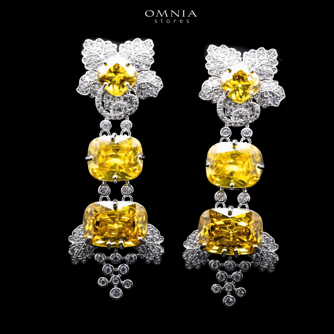 Omnia Colet Floral Drop Earrings with Yellow Cushion Cut Zircon Stone in High Quality Rhodium Plated - OMNIASTORES UAE