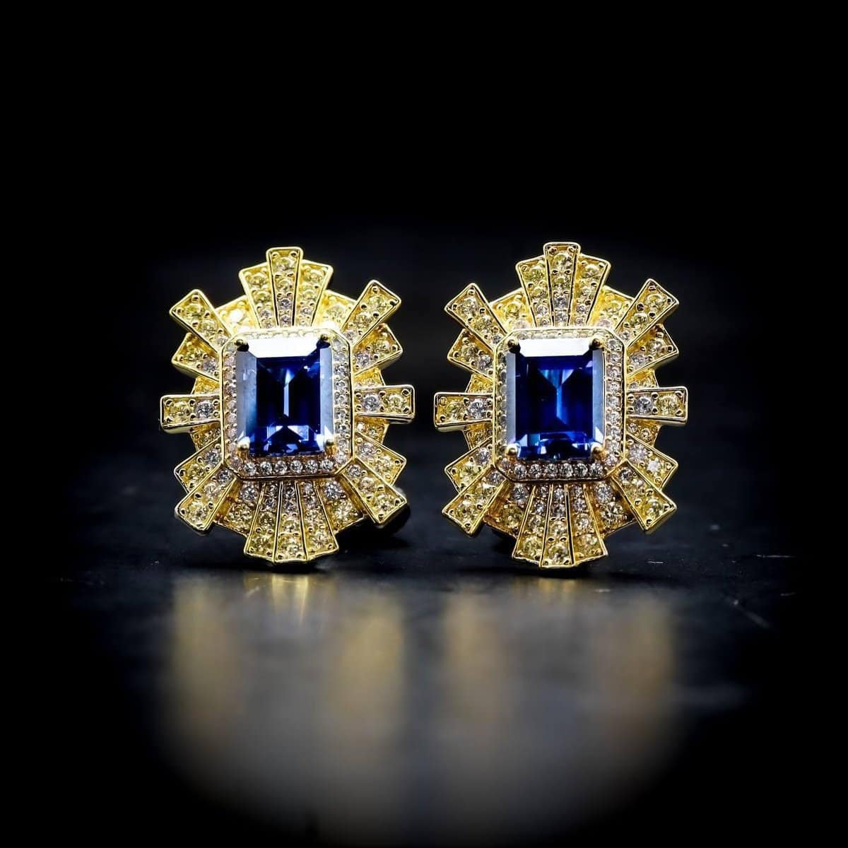Omnia Nadine Royal Blue Emerald Cut Sunburst Earrings in 92.5 Silver with High-Quality Simulated Diamonds - OMNIASTORES UAE