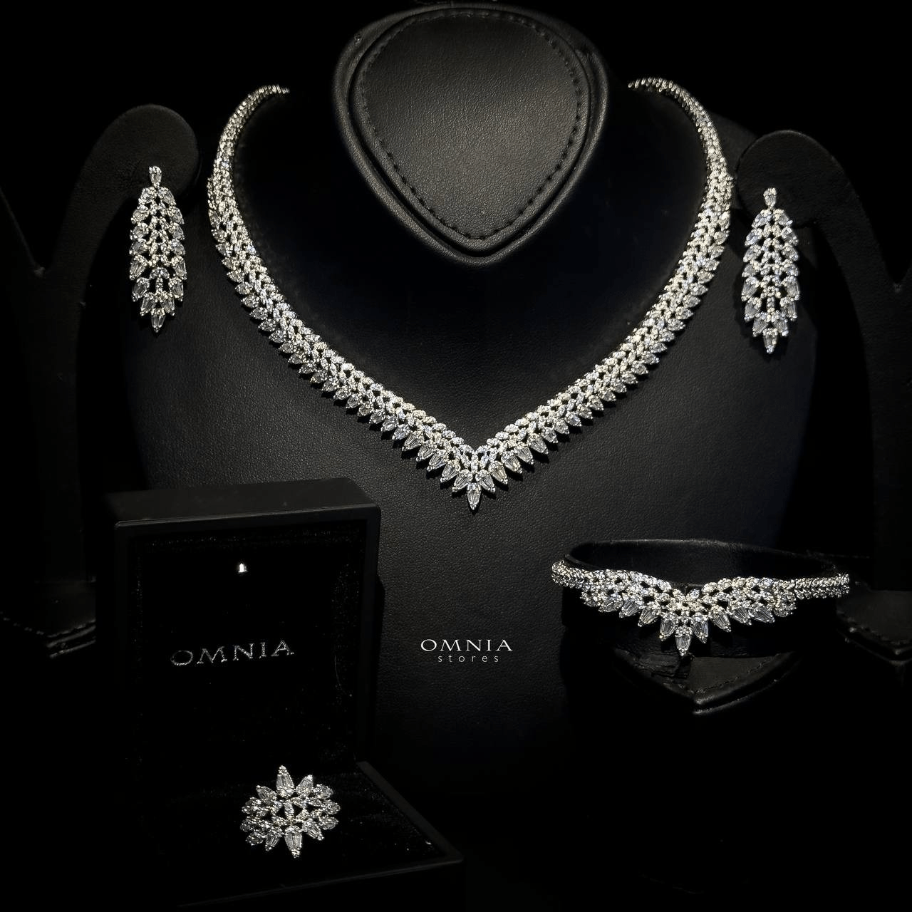 Omnia Rouba White Bridal Full Set in High Quality Zircon Stone Rhodium Plated - OMNIASTORES UAE
