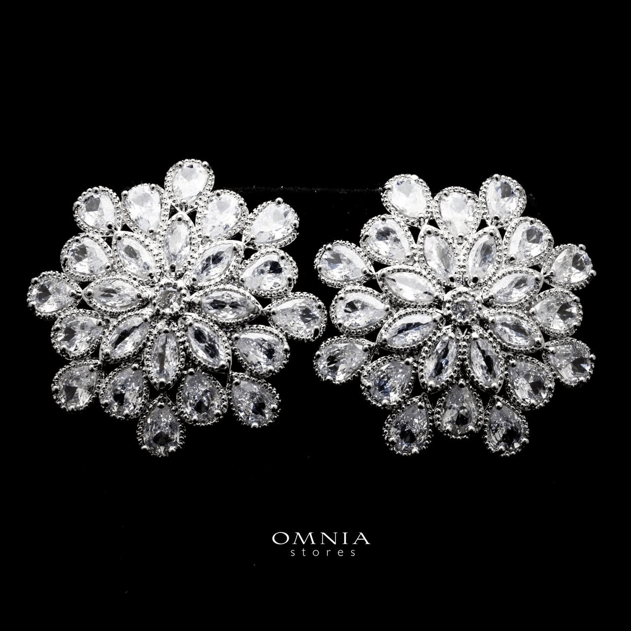 Omnia Elsa White Floral Earrings in High Quality Zircon Stone Rhodium Plated - OMNIASTORES UAE