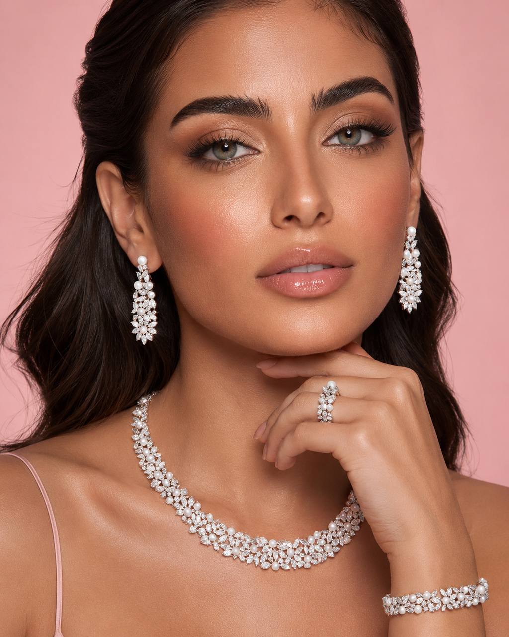 Omnia Fadwa Luxury Bridal Set – Pearl & Zircon Statement Jewelry Rhodium Plated