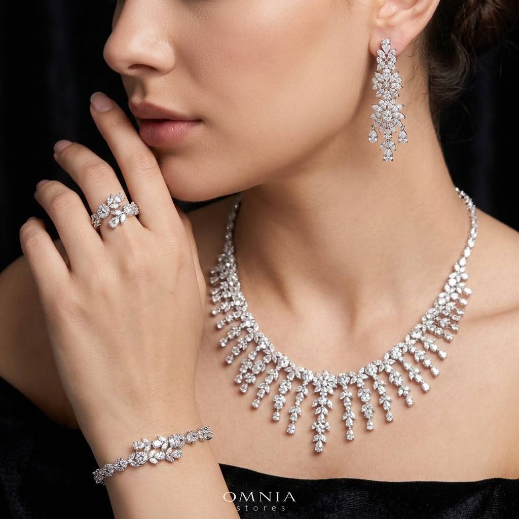 أمنية فريدة طقم زفاف أبيض كامل بحجر الزركون عالي الجودة مطلي بالروديوم<br> <br>