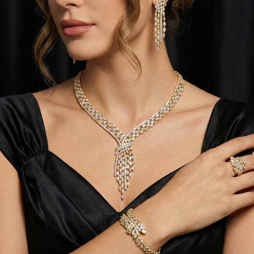 Omnia Fatma Gold Luxury Bridal Full Set in High Quality Zircon Stone in Rhodium Plated - OMNIASTORES UAE