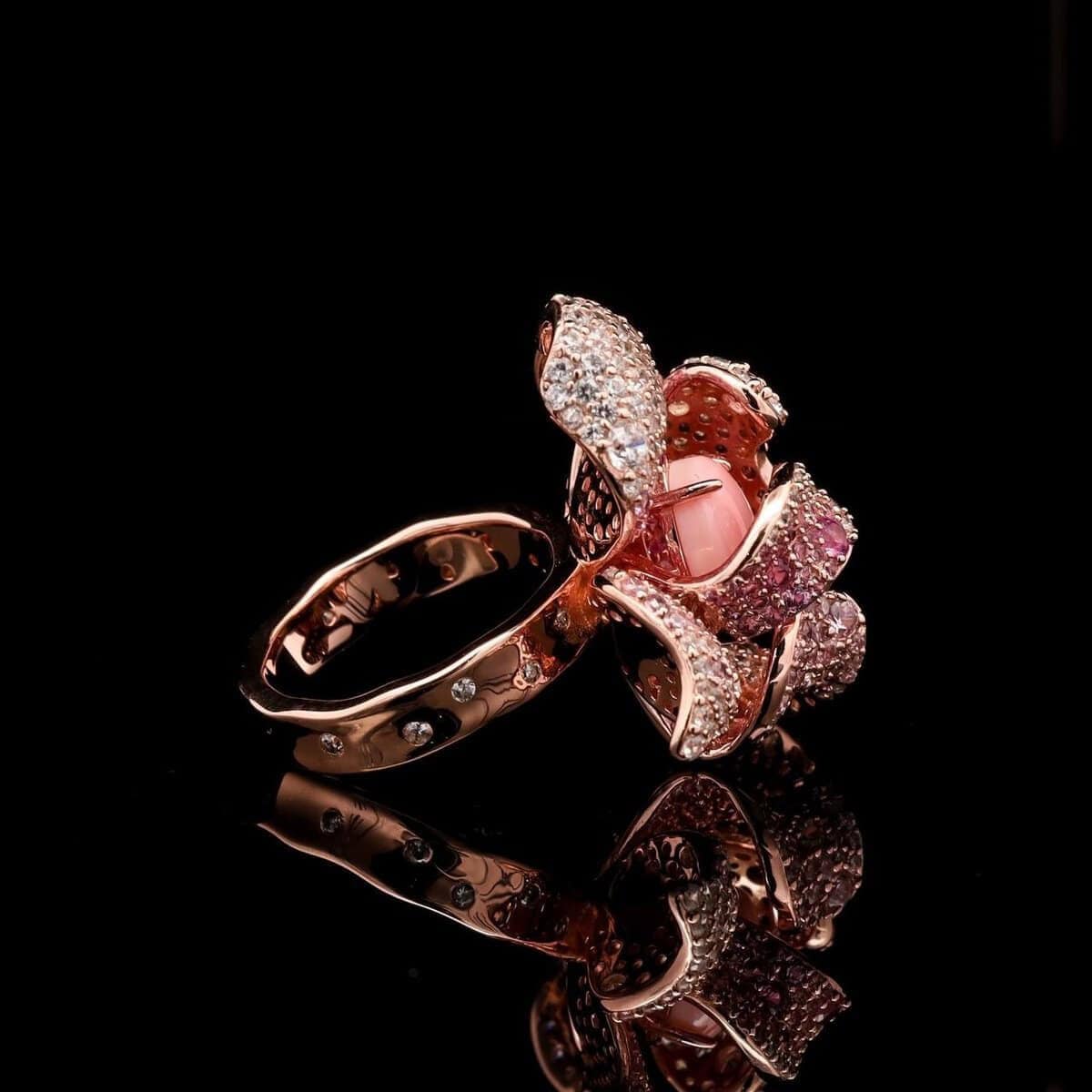 Omnia Pink Orchid Ring in 92.5 Silver with High Quality Simulated Diamonds and Pink Stone Center - OMNIASTORES UAE