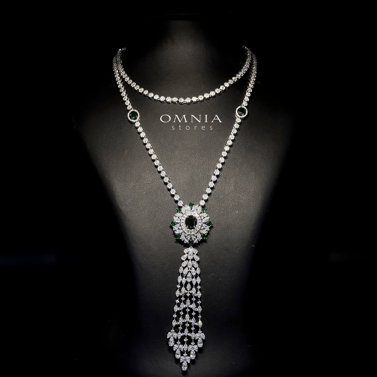 Omnia Ola Green Bridal Long chain Set Accessories in High Quality Zircon Stone Rhodium Plated - OMNIASTORES UAE