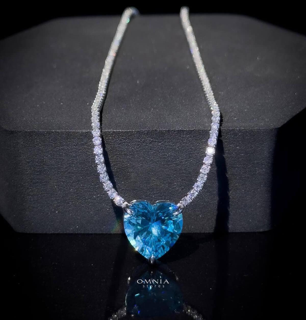 Omnia Heart Sky Blue Necklace 92.5 Pure Silver Jewelry in High Quality Simulated Diamonds