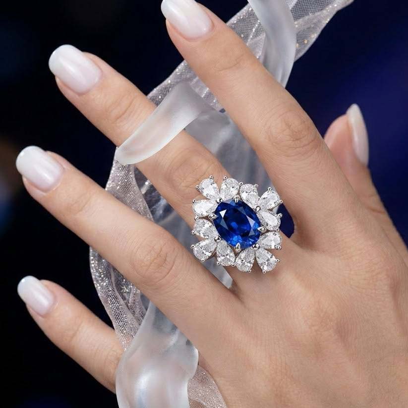 Hibah Lab Grown Sapphire Blue Stones With GRC Certifited Ring in 925 Silver