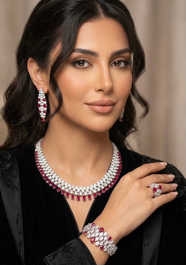 طقم جازلين الملكي للعرائس باللون الأحمر، بطلاء الروديوم الفاخر ومرصع بأحجار الزركون الممتازة