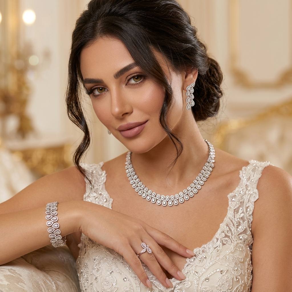 Omnia Kanzah Luxury Bridal White Full Set in High Quality Zircon Stone Rhodium Plated