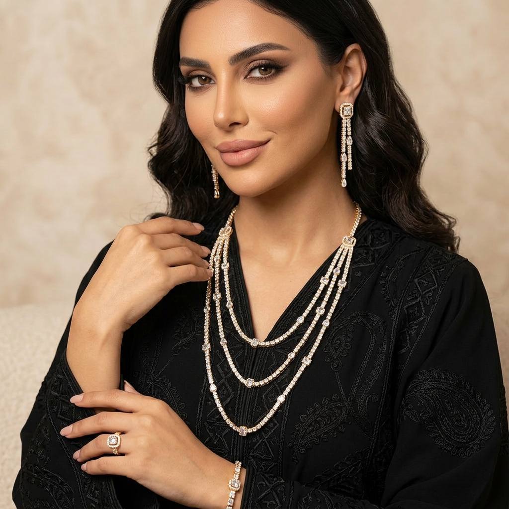 طقم كامل أمنية لايارا جولد سلسلة طويلة مع قلادة ثلاثية الطبقات من حجر الزركون عالي الجودة مطلي بالروديوم